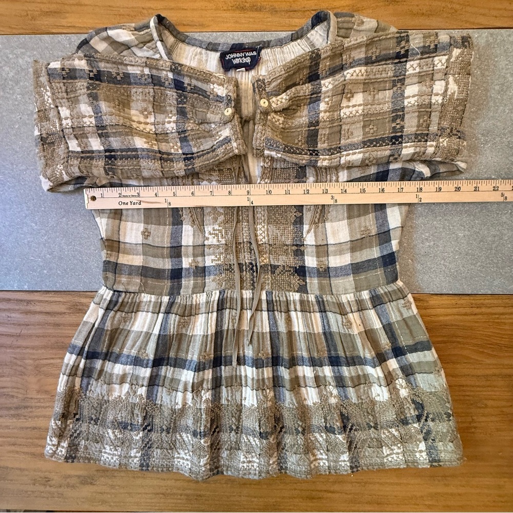 Johnny Was 3J Workshop Embroidered Plaid Tunic Blouse Boho Neutral Small - Picture 14 of 14